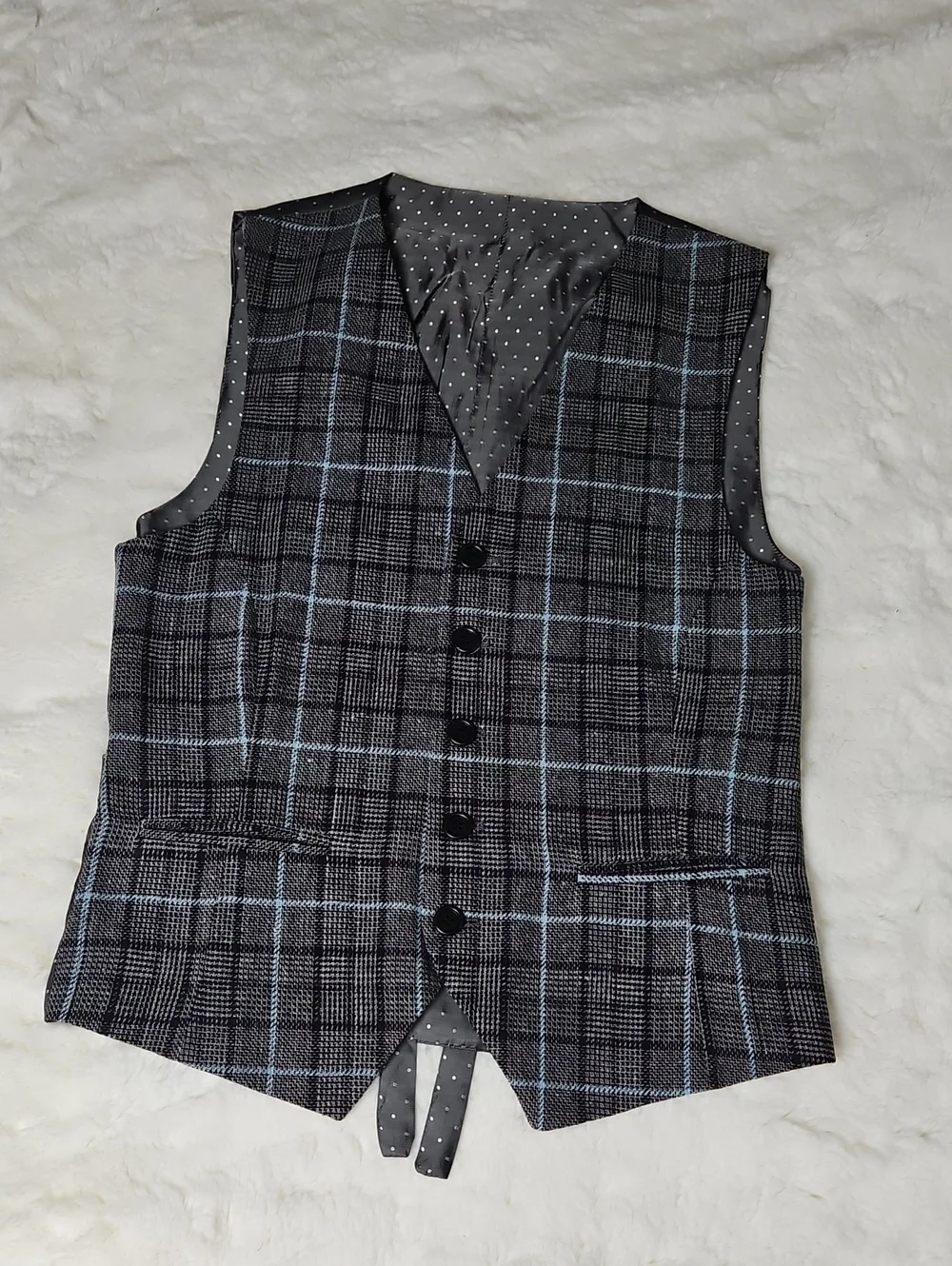Men's Gray Plaid 3 Piece Suit with Light Blue Windowpane
